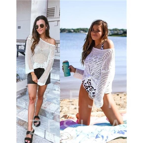 Women's Summer Hollow Out Mesh Beach Bikini Cover Up Tunic Top - Picture 4 of 7